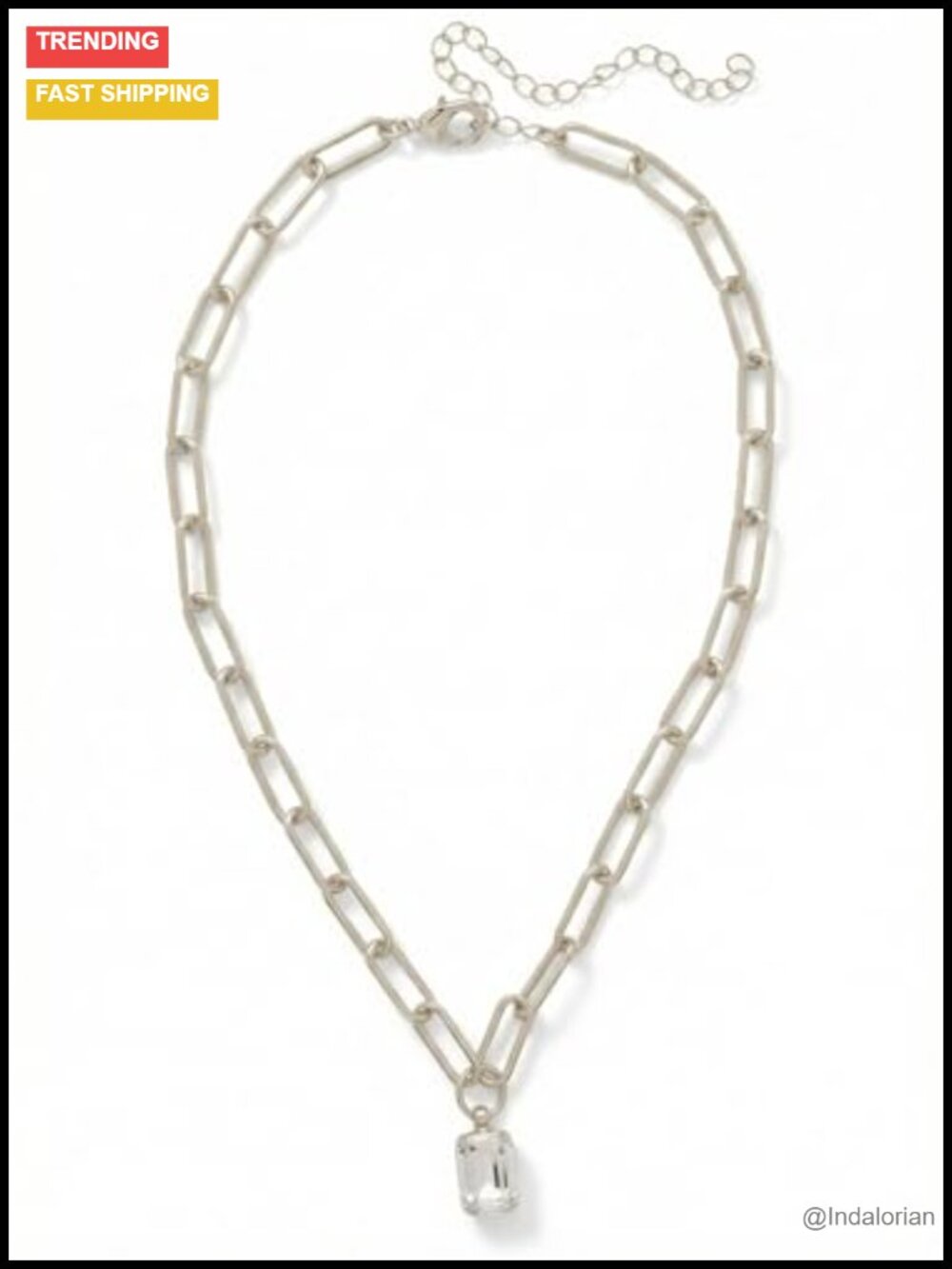 Emerald Cut Crystal Pendant Necklace, 16-20" Adjustable Chain, Palladium Finish